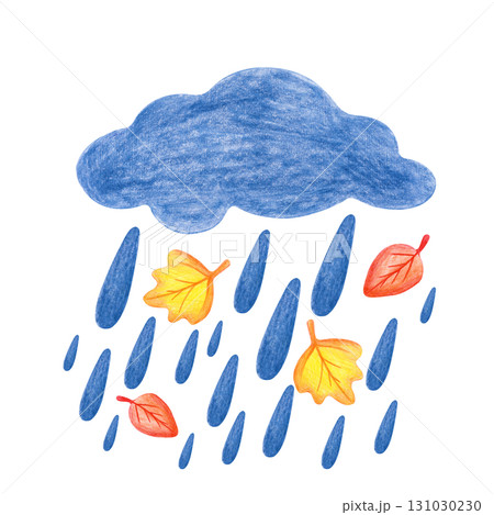 Pencil drawing of a dark blue rain cloud with falling raindrops and swirling autumn leaves. The illustration is isolated on a white background. A painted image of despondency and melancholy. Cry 131030230