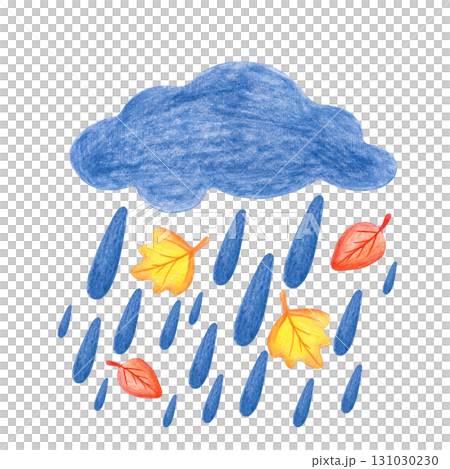 Pencil drawing of a dark blue rain cloud with falling raindrops and swirling autumn leaves. The illustration is isolated on a white background. A painted image of despondency and melancholy. Cry 131030230