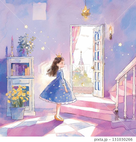 お城の外を見つめる青いドレスのプリンセス 131030266