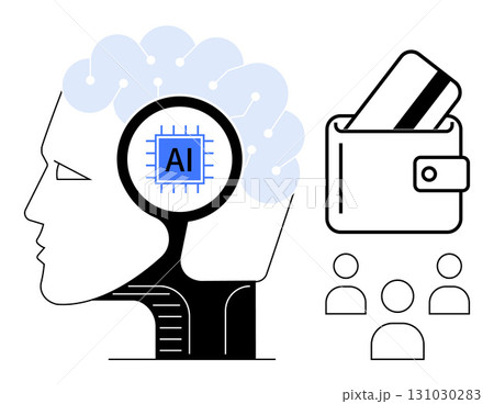 AI head with digital circuitry, wallet containing a credit card, and group of user avatars. Ideal for finance, technology, AI, digital wallets, user experience fintech innovation. Line metaphor AI head with digital circuitry, wallet containing a credit card, and group of user avatars. Ideal for finance, technology, AI, digital wallets, user experience fintech innovation. Line metaphor 131030283
