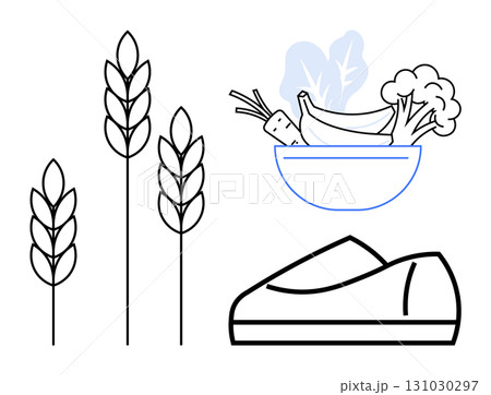 Wheat stalks, bowl with vegetables (carrots, greens), and loaf of bread symbolizing organic foods and healthy eating. Ideal for nutritional guides, farm marketing, eco-friendly campaigns, wellness Wheat stalks, bowl with vegetables (carrots, greens), and loaf of bread symbolizing organic foods and healthy eating. Ideal for nutritional guides, farm marketing, eco-friendly campaigns, wellness 131030297
