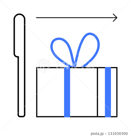 Gift box wrapped with blue ribbon next to a knife and a rightward arrow. Ideal for instructions, preparation, direction, step-by-step guides, recipes, navigation, organization. Line metaphor Gift box wrapped with blue ribbon next to a knife and a rightward arrow. Ideal for instructions, preparation, direction, step-by-step guides, recipes, navigation, organization. Line metaphor 131030300
