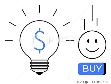 Light bulb with dollar sign symbolizing a bright idea, a smiling face, and a BUY button. Ideal for e-commerce, business strategy, startup ideas, marketing, innovation, investment, and online shopping Light bulb with dollar sign symbolizing a bright idea, a smiling face, and a BUY button. Ideal for e-commerce, business strategy, startup ideas, marketing, innovation, investment, and online shopping 131030320