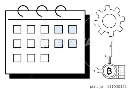 A calendar with dates, a gear icon representing settings or technology, and a Bitcoin symbol signifying cryptocurrency. Ideal for digital planning, cryptocurrency, fintech, technology, business 131030321