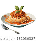 ボロネーゼスパゲティのイラスト｜ミートソースとバジルのパスタ料理・白背景ベクター 131030327