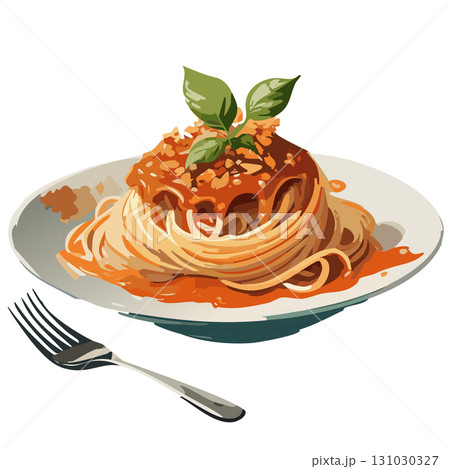 ボロネーゼスパゲティのイラスト｜ミートソースとバジルのパスタ料理・白背景ベクター 131030327