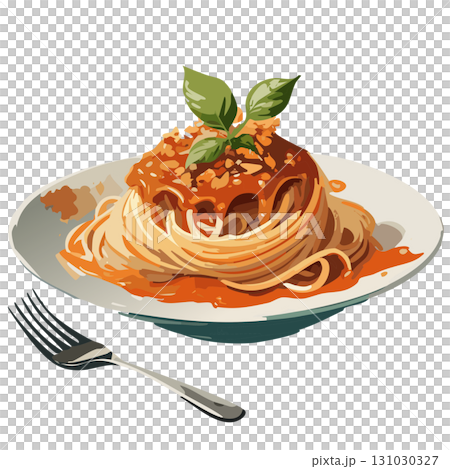 ボロネーゼスパゲティのイラスト｜ミートソースとバジルのパスタ料理・白背景ベクター 131030327