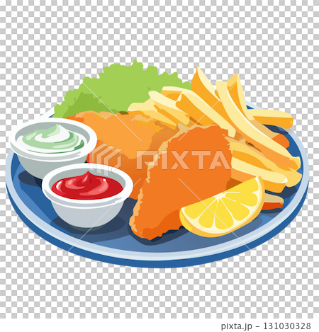 フィッシュアンドチップスのプレートイラスト｜フライドポテト、白身魚フライ、レモン、ケチャップ、タルタ 131030328