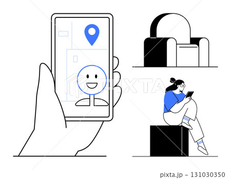 Hand holding smartphone displaying a location pin and happy face. Nearby, person sits on a block using a device next to a simple armchair. Ideal for GPS, leisure, communication, technology 131030350