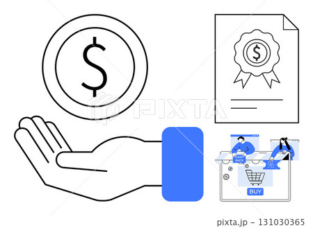 Hand with dollar sign, financial certificate, and online shopping illustration involving users. Ideal for finance, investment, e-commerce, certificates, financial aid, online transactions digital 131030365