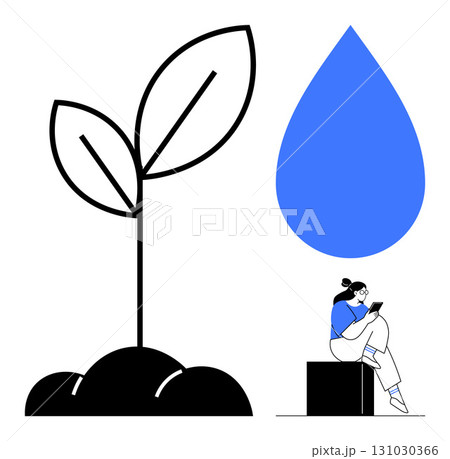 Sprouting plant and a large blue water droplet with a person in blue attire using a tablet. Ideal for growth, education, sustainability, technology, learning, nature, and innovation themes. Line Sprouting plant and a large blue water droplet with a person in blue attire using a tablet. Ideal for growth, education, sustainability, technology, learning, nature, and innovation themes. Line 131030366