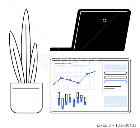 Laptop on desk beside potted plant and data dashboard with charts and graphs. Ideal for business analytics, office environment, productivity, remote work, financial analysis, workspace setup Laptop on desk beside potted plant and data dashboard with charts and graphs. Ideal for business analytics, office environment, productivity, remote work, financial analysis, workspace setup 131030433