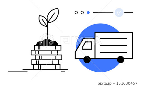 Growing plant in modern vertical garden beside delivery truck. Ideal for environmental sustainability, logistics, eco-friendly transport, green business, modern gardening, urban farming, and supply 131030457