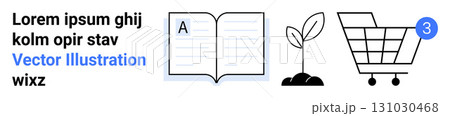 Book with open pages, plant sprout, shopping cart with notification, lorem ipsum text. Ideal for education, environment, growth, e-commerce, shopping, publishing, website design. Landing page 131030468