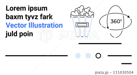 Popcorn bucket, 360-degree rotation arrows, text with dummy content. Ideal for modern design, cinema, user interface, movies, entertainment, technology, presentations. Landing page 131030504