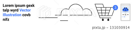 Shopping cart with number notification icon, cloud shape, lines implying movement, and smartphone showing graphics and text. Ideal for e-commerce, digital marketing, mobile apps, cloud services Shopping cart with number notification icon, cloud shape, lines implying movement, and smartphone showing graphics and text. Ideal for e-commerce, digital marketing, mobile apps, cloud services 131030914