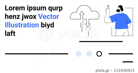 Cloud with arrows, man with beard and blue shirt holding pencil, abstract lines and dots. Ideal for tech, networking, data visualization, cloud computing, education, minimalism, modern design 131030915