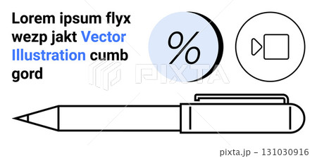 Modern pen, a percentage symbol in a blue circle, and a video camera icon. Placeholder text in black and blue. Ideal for educational materials, websites, marketing presentations, app design 131030916