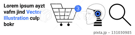 Shopping cart with notification, AI profile with gear, magnifying glass. Ideal for e-commerce, AI integration, search optimization, digital marketing, online shopping, technology, user interface 131030985