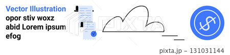 Documents with checkmarks, a person icon, a cloud, and a dollar symbol. Ideal for business, finance, cloud storage, data security, documentation, digital signatures, online transactions. Landing page Documents with checkmarks, a person icon, a cloud, and a dollar symbol. Ideal for business, finance, cloud storage, data security, documentation, digital signatures, online transactions. Landing page 131031144