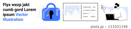 Lock icon symbolizing security, mockup of a content display with text and image, man using a laptop gesturing to screen. Ideal for data protection, web development, tech tutorials, online safety, IT 131031146