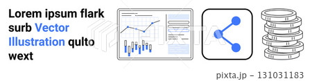 Graph with lines and bars, data connections symbol, and stack of coins. Ideal for business, finance, data analysis, technology, investments, economy, digital platforms. Landing page 131031183