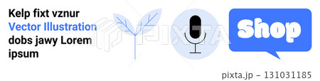 Plant leaf, microphone icon, and speech bubble with Shop text featured. Ideal for e-commerce, technology, environment, communication, marketing. Banner for landing page 131031185