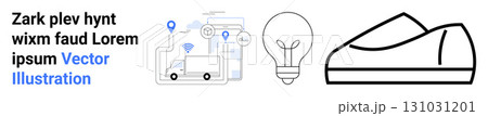 Delivery truck, connected devices, and navigation pins, signifying logistics. Light bulb for innovation and ideas. Shoe as a product focus. Ideal for technology, logistics, innovation, product Delivery truck, connected devices, and navigation pins, signifying logistics. Light bulb for innovation and ideas. Shoe as a product focus. Ideal for technology, logistics, innovation, product 131031201