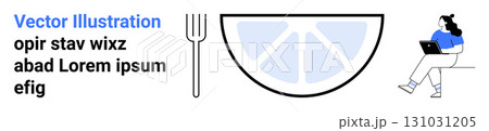 Person using laptop, large citrus slice, fork, mostly black and white with blue accents. Ideal for modern work, remote jobs, technology, citrus fruits, kitchen utensils, minimalistic design 131031205