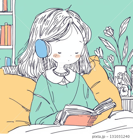 ヘッドホンで音楽を聴きながら本を読む女の子のイラスト 131031240