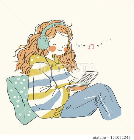 ストライプ柄パーカーを着た女の子の読書イラスト 131031245