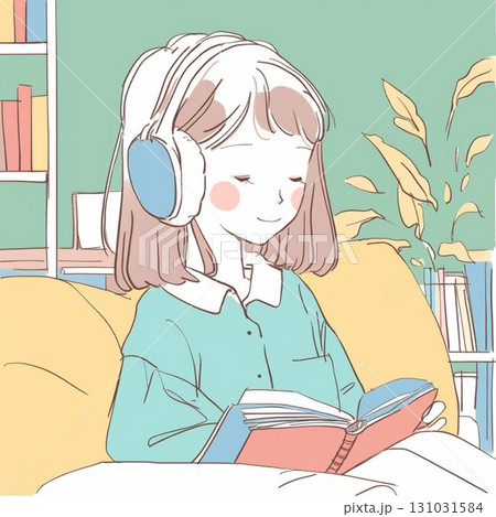 青いヘッドホンで読書する女の子のやさしいイラスト 131031584