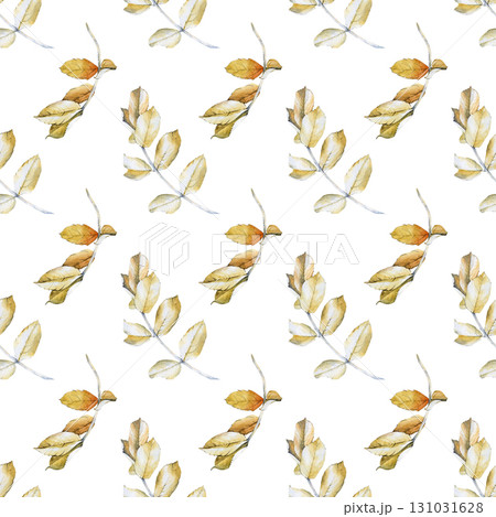 Watercolor seamless pattern with autumn rosehip leaves, hand-drawn. Botanical illustration on a white background. Seamless background with yellow dry leaves for wallpaper, textiles, tableware. 131031628