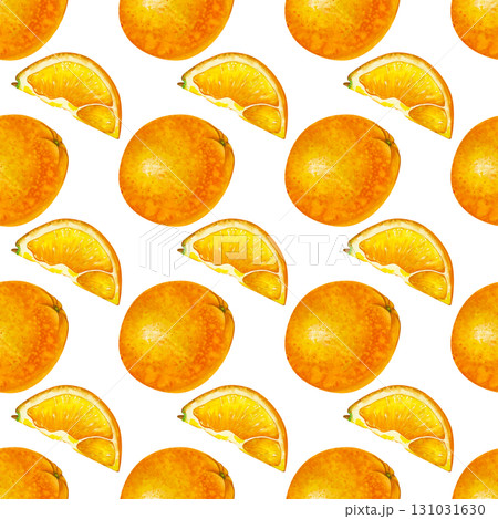 Seamless hand-drawn pattern with oranges, whole and in pieces. Watercolor illustration isolated on a white background. Botanical seamless background with bright fruits for packaging, wallpaper 131031630