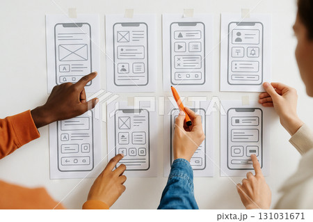 Creative team collaborating on mobile app design with diverse group of professionals discussing and reviewing wireframes for innovative development project 131031671