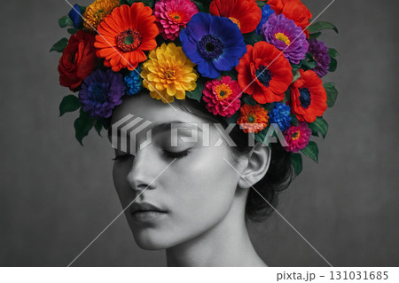 Portrait of a woman wearing a vibrant floral headpiece featuring colorful flowers in red, orange, yellow, and blue on grayscale background. concept of floral art, beauty, color contrast Portrait of a woman wearing a vibrant floral headpiece featuring colorful flowers in red, orange, yellow, and blue on grayscale background. concept of floral art, beauty, color contrast 131031685