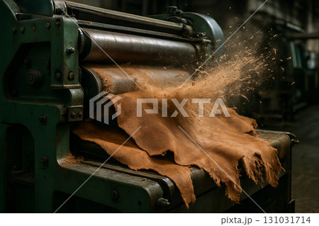 Industrial leather processing machine with leather sheets in a factory setting showing machine operations and fabric production processes 131031714