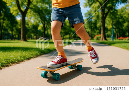 Child enjoying skateboarding outdoors on sunny day wearing red sneakers and denim shorts, concept of childhood adventure, active play, exploring nature 131031723