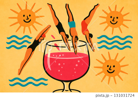 Vibrant pool party scene with diverse swimmers diving into tropical drink surrounded by sun illustrations. concept of summer fun, refreshing beverage, joyful leisure activities 131031724