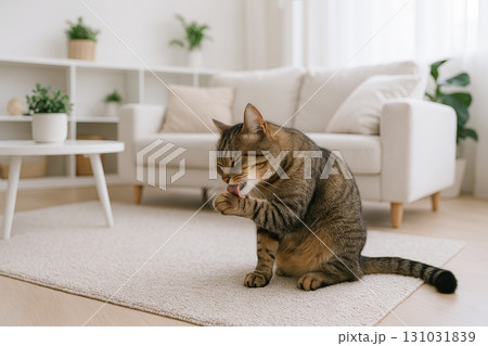 Tabby cat relaxing in a white living room with cozy decor and minimalist furniture. concept of feline comfort, home interior serenity, calm domestic atmosphere Tabby cat relaxing in a white living room with cozy decor and minimalist furniture. concept of feline comfort, home interior serenity, calm domestic atmosphere 131031839