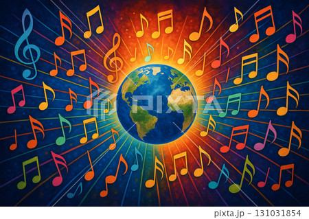 Earth surrounded by colorful musical notes on a vibrant background. concept of global harmony, music celebration, universal connection, sound waves, world creativity. 131031854