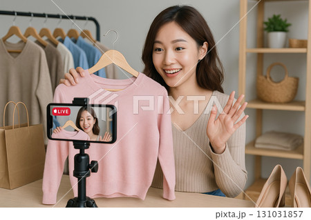 Young asian woman hosting a live shopping stream showcasing fashion apparel, engaging with audience, and promoting stylish clothing choices in an interactive online marketplace. Young asian woman hosting a live shopping stream showcasing fashion apparel, engaging with audience, and promoting stylish clothing choices in an interactive online marketplace. 131031857