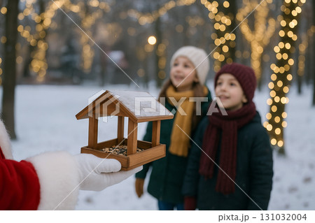 Santa holding a winter bird feeder surrounded by snowy forest with two children in warm winter clothes. concept of holiday cheer, christmas tradition, outdoor adventure 131032004
