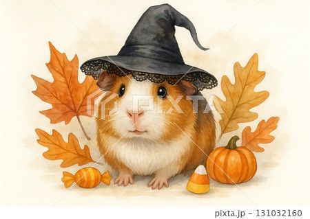 Adorable guinea pig in witch hat with autumn leaves, candy, and pumpkin. concept of halloween animal costume, cute pet portrait, festive fall season 131032160