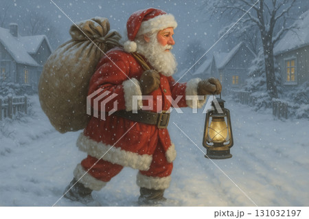 Santa claus walking on a snowy winter street holding a lantern during nighttime. concept of christmas tradition, holiday spirit, festive decoration, nostalgic scene 131032197