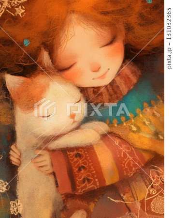 猫を抱きしめる少女の幻想イラスト 131032365