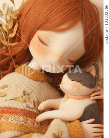 眠る少女と猫のアート 131032366
