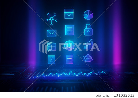 AI generated futuristic hologram digital icons interface with glowing technology symbols representing data security communication business growth and innovation 131032613