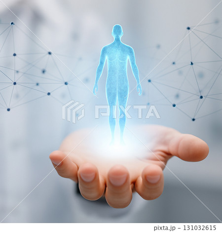 AI generated futuristic medical visualization showing a glowing human hologram held above a hand with digital network connections symbolizing science and technology 131032615