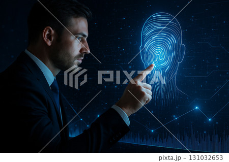 AI generated futuristic cyber visualization of businessman touching glowing hologram face with fingerprint pattern symbolizing biometric identity verification and digital security 131032653